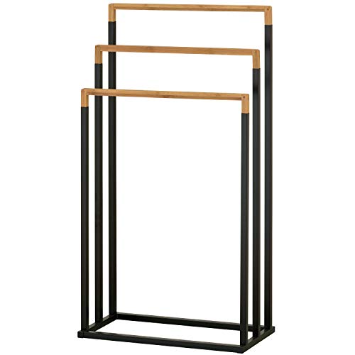 MyGift 33 Inch Standing Towel Rack, Freestanding Bath Towel Holder with 3 Tier Bamboo Wood Bar and Black Chrome Plated Metal, Drying Rack Stand for Bathroom, Laundry - size: 3 Tiers