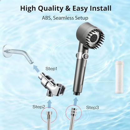 Filtered Handheld Shower Head for Hard Water, High Pressure with On/Off Switch, Detachable Showerhead with Long Hose, 2 Replacement Filters -Gun Grey