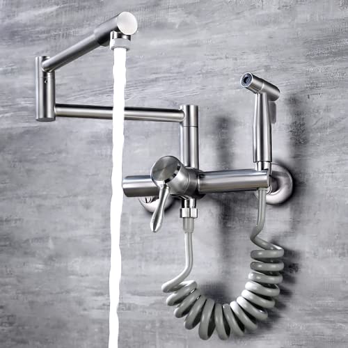 Wall Mount Kitchen Faucet 4""-8"" Center, Pot Filler Tap with Side Sprayer | 304 Stainless Steel Constructed, Brushed Nickle, Rotatable, Foldable - color: Style C, Large S-Union