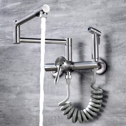 Wall Mount Kitchen Faucet 4""-8"" Center, Pot Filler Tap with Side Sprayer | 304 Stainless Steel Constructed, Brushed Nickle, Rotatable, Foldable - color: Style C, Large S-Union