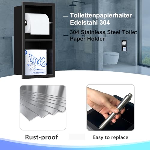 Neodrain Matte Black Recessed Toilet Paper Holder,Dual Rolls | 304 Stainless Steel,Rustproof & Durable,Space-saving,Recessed double roll tissue holder for Bathroom & RV - color: Matte Black, size: 6X12In