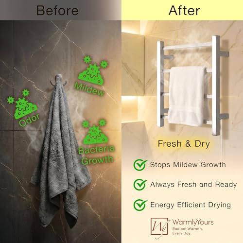 WarmlyYours Palma Heated Towel Rack, 4 Bars, Polished Steel | Wall-mounted compact electric towel warmer and dryer, plug-in or hardwired, 304 stainless steel, warms 2 towels or a robe