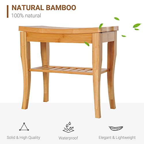 HOMCOM Long Bamboo Shower Bench Seat, 20" Tall Wooden Spa Shower Stool | Underneath Storage Shelf, Shoe Organizer