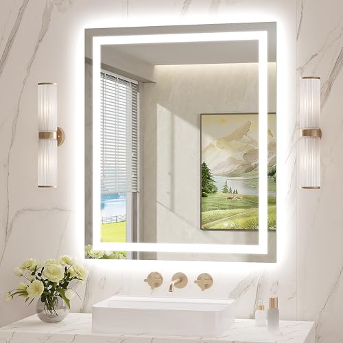 LED Mirror for Bathroom 28x36 Lighted Bathroom Vanity Mirrors with Lights, Brighter Frontlit and Backlit Anti-Fog Mirror, Tempered Glass, Dimmable 3 Colors Light Modes, Memory Function - size: 28"L x 36"W