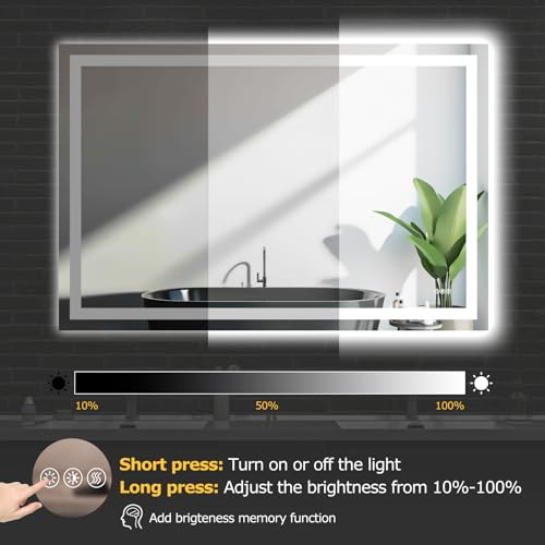 Hivone 60"X40" LED Bathroom Mirror with Lights, Anti-Fog, Dimmable, Backlit + Front Lit, Smart Bathroom Vanity Mirror, Memory Function, Shatterproof, Tempered Glass (Horizontal/Vertical) - size: 60"L x 40"W