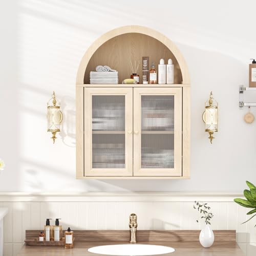 Medicine Cabinet with Arched Top, Bathroom Wall Cabinet Over Toilet with Wave Pattern Acrylic Doors and Removable Shelf, Roman Style Small Wall Cabinets for Kitchen, Living room, Laundry Room, Oak - color: Oak, size: 31.5 H-Acrylic