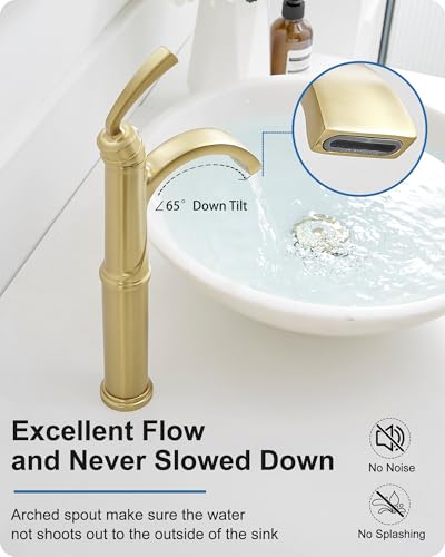 Tall Vessel Sink Faucet, Brass Waterfall Bathroom Sink Faucet Single Handle, Gold Bathroom Faucet 1 Hole, Tall Bathroom Faucets with Pop-Up Drain Water Supply Hoses - color: Brushed Gold