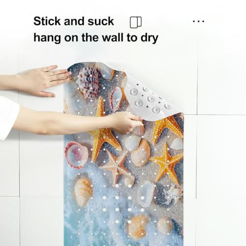 LNOND Summer Beach Bathtub Mat Non Slip, 40 X 16 Inch Tub Mat for Bathroom, Sea Beach Starfish Shell Bath Tub Shower Mat with Drain Holes and Suction Cups - color: Sea Starfish Shell Bathtub Mat