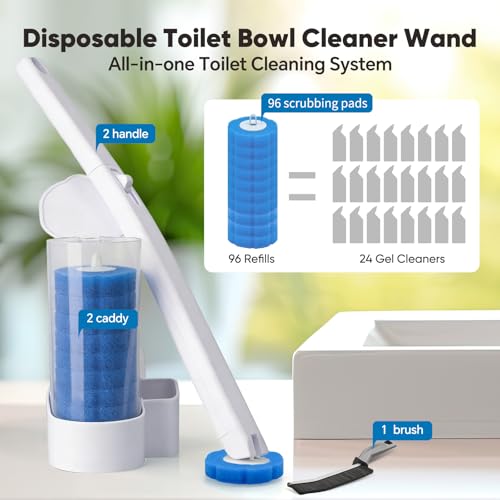 2 Pack Disposable Toilet Brush and Holder Set, Wall Mounted Toilte Wand Kit | Disposable Bowl Ceaner Wand and Caddy with 96 Refills for Closestool Cleaning