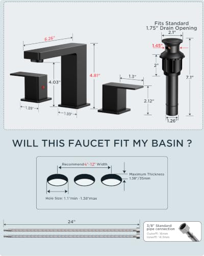 QFN Matte Black Bathroom Faucet 3 Hole 8 Inch Widespread for Vanity Faucet | Two Handles Bathroom Sink Faucet Lead-Free Square Design with Supply Lines, 4-12 Inch 3 Hole Install, for RV Vanity Laundry - color: Matte Black, style: Square