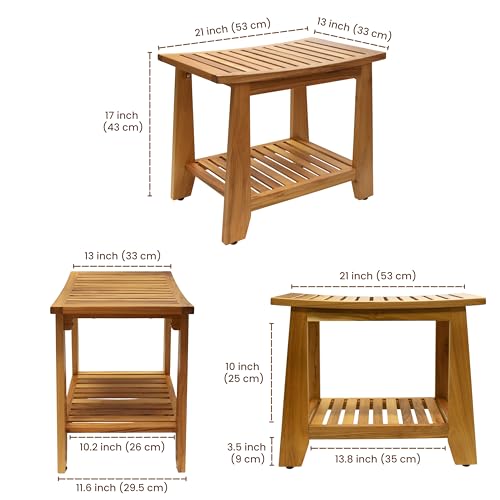 Teak Shower Bench Stool, 21'' Waterproof Wood Spa Bath Bench with Storage Shelf, Non-Slip Solid Teak Shower Seat Chair for Bathroom Inside Shower and Outdoor Use - size: 21''W x 13''D x 17''H