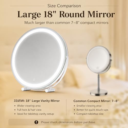 ROLOVE 18 Inch Makeup Mirror with Lights, Large Round Vanity Mirror for Tabletop Desk, Smart Touch Dimmable LED, 360° Rotation, White, Gifts for Women, Wife, Mom, Girls - size: 18"L x 18"W