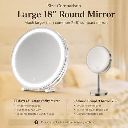 ROLOVE 18 Inch Makeup Mirror with Lights, Large Round Vanity Mirror for Tabletop Desk, Smart Touch Dimmable LED, 360° Rotation, White, Gifts for Women, Wife, Mom, Girls - size: 18"L x 18"W