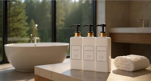Modern Gold Design Shampoo and Conditioner Dispenser - Large 27oz Shower Soap Dispenser, Set of 3 Refillable Empty Plastic Pump Bottles for Bathroom and Body Wash (6 Waterproof Labels Included), Black - color: Black