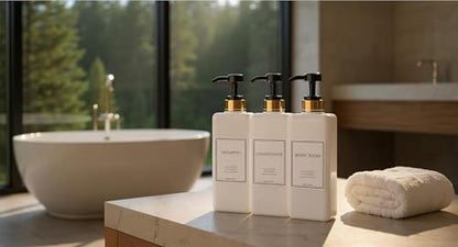 Modern Gold Design Shampoo and Conditioner Dispenser - Large 27oz Shower Soap Dispenser, Set of 3 Refillable Empty Plastic Pump Bottles for Bathroom and Body Wash (6 Waterproof Labels Included), Black - color: Black