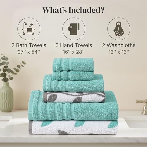 Modern Threads 6 Piece Bath Towel Set – Bathroom Set with 2 Bath Towels, 2 Hand Towels, and 2 Wash Cloths – 100% Cotton, Super Absorbent & Extra Soft – Reversible Natural Vine (Aqua) - color: Aqua