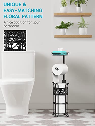 Toilet Paper Holder Stand with Shelf, Free Standing Toilet Paper Roll Dispenser Holds 3 Big Rolls of Jumbo Mega Paper, for RV Bathroom, Floral Pattern, Black - color: Black