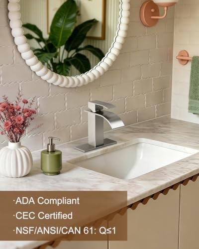 Waterfall Single Handle Bathroom Faucet with Drain Brushed Nickel | Brushed Nickel Vanity Faucet with Pop-up Drain, Ceramic Valve, for 1 or 3 Hole Modern Bathrooms. - color: Brushed Nickel x 2