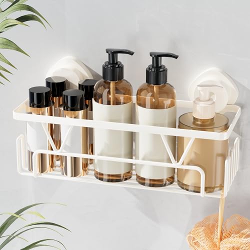 KEGII Suction Cup Shower Caddy with 6 Hooks, Heavy Duty Bathroom Organizer | Large Capacity Storage Rack, Rustproof Stainless Steel, for Shampoo and Body Wash on Smooth Surfaces, Off-White - color: Off-White