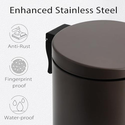 TIPGO Small Bathroom Trash Can with Lid Soft Close, 1.2 Gal, Brown | Hands-Free Step Pedal, Removable Inner Bucket, 4.5 Liters, Round Stainless Steel Garbage Can for Bedroom, Office, Kitchen - color: Brown