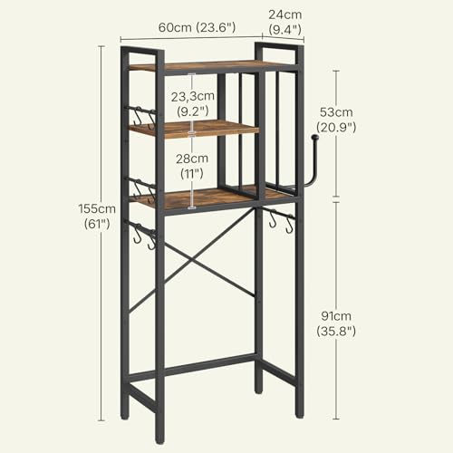Over The Toilet Storage Rack, 3-Tier Bathroom Organizer Shelf, Above Toilet Storage with Paper Holder 8 Hooks, Over The Toilet Storage Cabinet for Bathroom, Laundry, Rustic Brown and Black TR06BR
