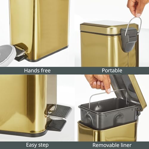 mDesign Slim Metal Rectangle 0.8 Gallon Trash Can with Step Pedal, Easy-Close Lid, Removable Liner - Narrow Wastebasket Garbage Container Bin for Bathroom, Bedroom, Kitchen, Office - Soft Brass - color: Soft Brass, size: .8 Gallon