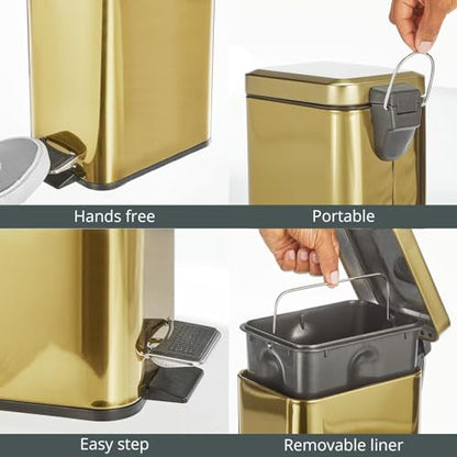 mDesign Slim Metal Rectangle 0.8 Gallon Trash Can with Step Pedal, Easy-Close Lid, Removable Liner - Narrow Wastebasket Garbage Container Bin for Bathroom, Bedroom, Kitchen, Office - Soft Brass - color: Soft Brass, size: .8 Gallon