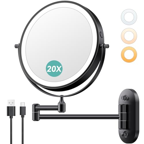 Auxmir 8'' Wall Mounted Makeup Mirror，1X/20X Rechargeable Magnifying Mirror | double-sided button/ rechargeable 3200mAh/ 3 dimmable colors/ 360° rotation/ extended arm/ 30X magnification for bathroom - color: Black