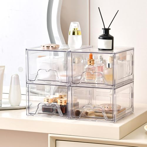 Stebopum 8 Pack Stackable Makeup Organizer, 4.4'' Tall Acrylic Bathroom Makeup Organizer and Storage Drawer with Pull-out Handle, Clear Plastic Storage Bins for Vanity,Pantry,Desk,Undersink,Kitchen - style: 8pack Small