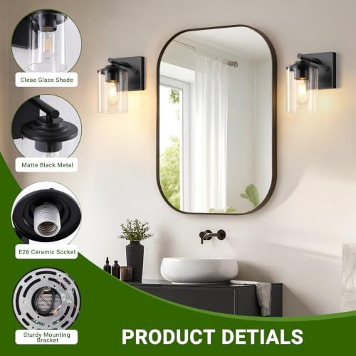 Wall Sconces Set of Two, Modern Bathroom Sconces with Clear Glass Shade, Matte Black Vanity Lights for Bathroom, Farmhouse Wall Light Fixtures for Mirror, Bedroom, Living Room - size: 1-Light (2 Pack)