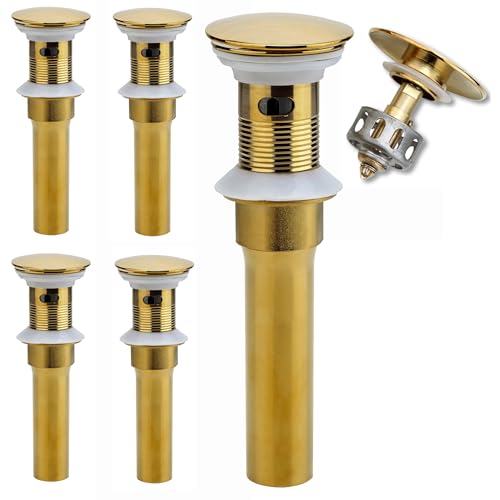 Rockgoya Bathroom Sink Drain, 5 Pack Gold Drain Stopper Bathroom Sink with Overflow, Pop Up Drain Assembly with Detachable Strainer Basket, Built-in Anti-Clogging Strainer,Stainless Steel - color: Gold-5 Pack, style: With Overflow