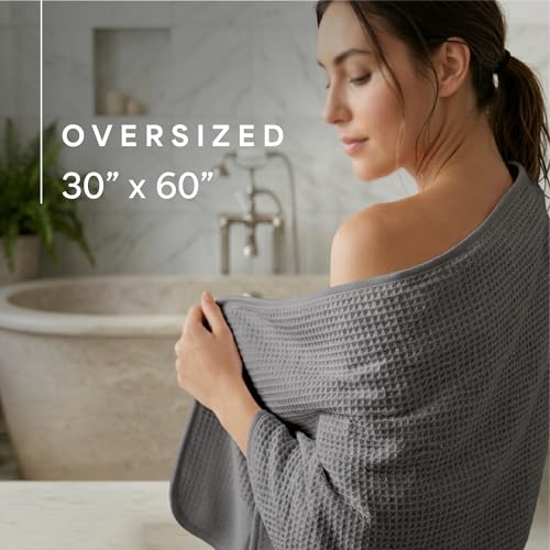 S&T INC. Aura Waffle Bath Towels, 4 Pack, 30" x 60", Grey | Quick-Dry, 420GSM, Absorbent Microfiber, Lightweight, Sewn-In Hang Loop, Compact for Home, Gym, and Travel - color: Grey