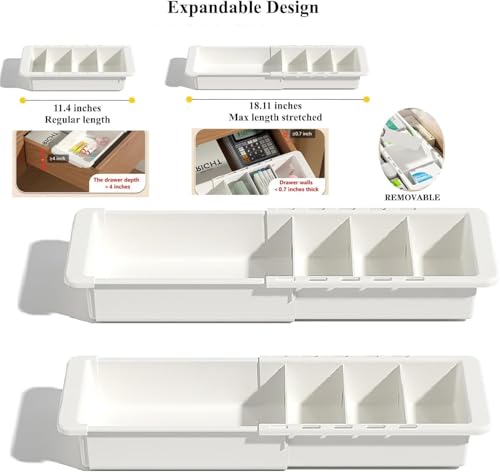 2 PCS Sliding Drawer Tray with Adjustable Dividers | Expandable Kitchen Storage Organizer, Sliding Drawer Bin, Expandable Drawer Organizer Trays For Utensils, Flatware, Junks