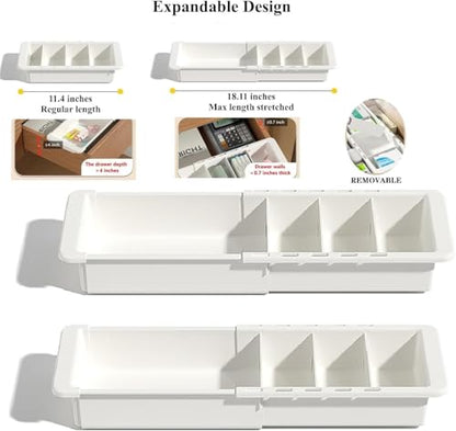 2 PCS Sliding Drawer Tray with Adjustable Dividers | Expandable Kitchen Storage Organizer, Sliding Drawer Bin, Expandable Drawer Organizer Trays For Utensils, Flatware, Junks