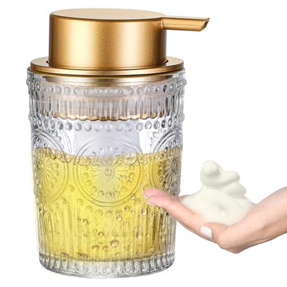 8 Oz Glass Foam Soap Dispenser, Hand Liquid Bottle with Gold Pump | Clear refillable bottle for hand soap, dish soap,lotion. round foaming dispensing fits kitchen sink & bathroom counter - color: Foam Dispenser
