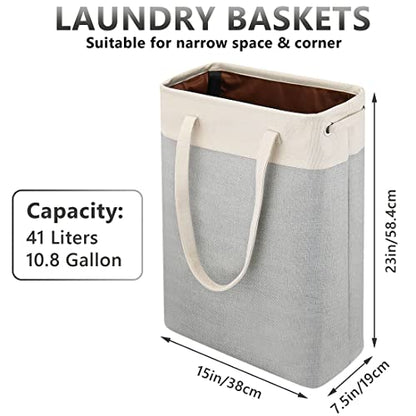 Laundry Basket with Handles Beige&Silver Slim Laundry Bin Collapsible Dirty Clothes Basket Narrow Laundry Bag Foldable Dirty Hamper for Camping, Dorms, Apartments - color: Beige&Silver