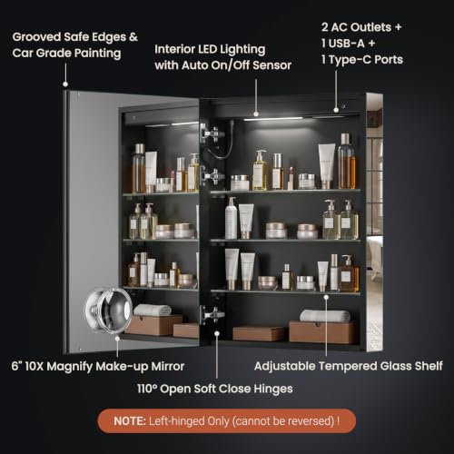 24x32 Black Medicine Cabinet Mirror with Lights, AL Alloy Frame, Plug-in/Hardwired, Recessed/Wall Mount, Defog, 3-Color Dimmable Lights, USB-C&USB-A+ 2 Outlets, 3 Shelves, Left Hinge - size: 24x32(L)