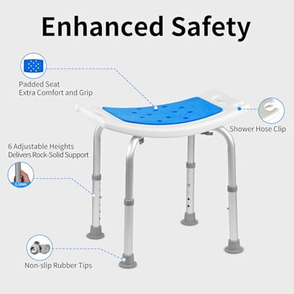 Heavy Duty Shower Chair with 6 Height Adjustments, 300 lbs Capacity Aluminum Frame, No Tool Required Assembly Bath Seat with EVA Cushion & Shower Holder for Elderly & Disabled