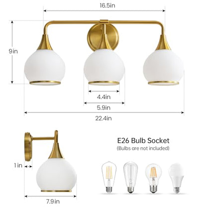Brushed Gold Bathroom Light Fixtures 3-Lights Vanity Lights with Milky White Frosted Glass Shade Bathroom Vanity Light 22.4 inch Wall Sconce Lighting Bath(Exclude E26 Bulb) - color: Gold & Milky White, size: 3 Light