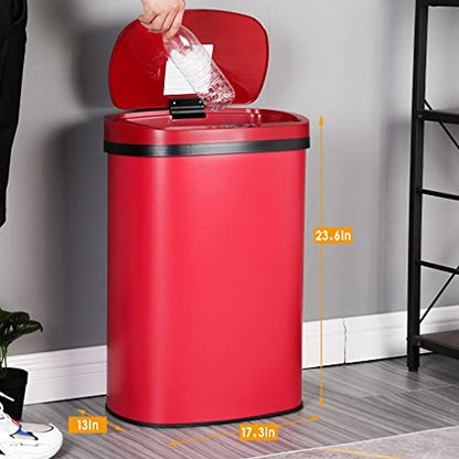 13 Gallon Stainless Steel Trash Can with Lid,Touch Free Automatic Kitchen Trash Can,Fingerprint-Resistant Soft Close Lid Garbage Can, 50L Large Capacity Garbage Can for Kitchen Home Office(Red) - color: Red