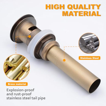 Antique Brass Pop Up Drain with Overflow for Vessel Sinks | Heavy Brass Construction with Rustproof Finish and Tool-Free Hand Tighten, Smooth Operation, Compatible with Most Sink Holes.