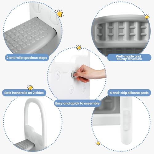 IDEALHOUSE Toddler Step Stool with Safety Handrails, Anti-Slip 2-Tier Kids Ladder, 300 Lbs Capacity, Minimalist Plastic Stool for Bathroom Sink, Kitchen Counter & Potty Training, Grey Step - color: Grey Step