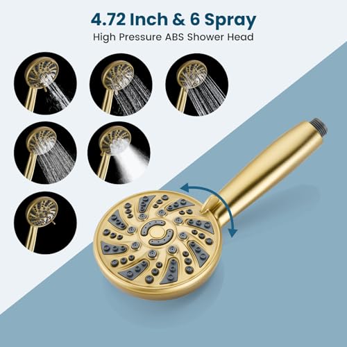 gotonovo Tub Shower Faucet Set with Valve 6 Mode Handheld Brushed Gold | Bathtub Faucet Set,6 Mode ABS Handheld Spray,6.3’’ Metal Tub Spout,Brass Valve Trim Kit,Shower Head and Handle Kit,Wall Mount - color: Gold