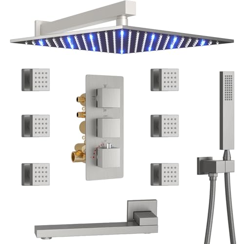 4 Way Thermostatic Shower System with Tub Spout, Handheld Spray, 6 Body Jet, 12 inch LED Rainfall Shower Head, Brushed Nickel - color: Brushed Nickel, size: 12" Wall Shower