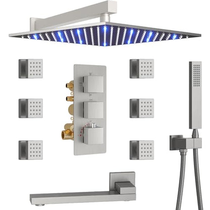 4 Way Thermostatic Shower System with Tub Spout, Handheld Spray, 6 Body Jet, 12 inch LED Rainfall Shower Head, Brushed Nickel - color: Brushed Nickel, size: 12" Wall Shower