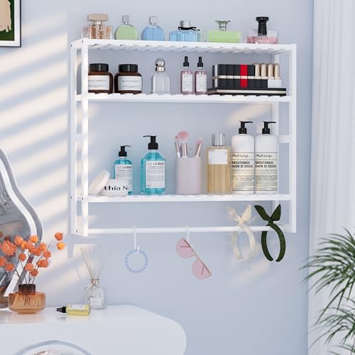 PPN Extra Large Towel Rack Bathroom Storage Shelves Over The Toilet with Towel Bar 100% Bamboo Adjustable Height Floating Shelf Wall Shower Shelf for Small Space Bathroom Kitchen Multi Usage - color: White Extra Large