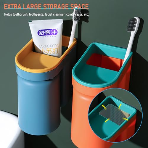 Toothbrush Holder Wall Mounted with Cup,2-in-1 Toothbrush Holders & Cups Set,Inverted Design for Easy Cleaning and draining,Stick-on Toothbrush Holder for Bathroom (Yellow) - color: Yellow
