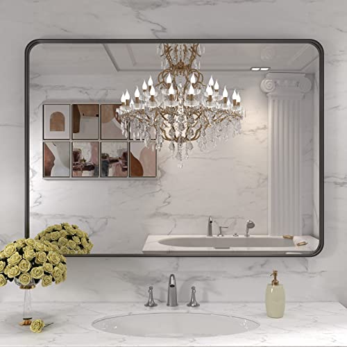 LOAAO 40X32 Inch Black Metal Framed Bathroom Mirror for Wall, Matte Black Bathroom Vanity Mirror Farmhouse, Large Rounded Rectangle Mirror, Anti-Rust, Tempered Glass, Hangs Horizontally or Vertically | Matte Black, Rounded Rectangle Mirror, Anti-Rust, Tem