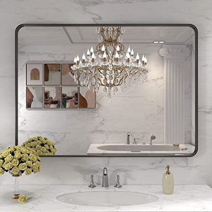 LOAAO 40X32 Inch Black Metal Framed Bathroom Mirror for Wall, Matte Black Bathroom Vanity Mirror Farmhouse, Large Rounded Rectangle Mirror, Anti-Rust, Tempered Glass, Hangs Horizontally or Vertically | Matte Black, Rounded Rectangle Mirror, Anti-Rust, Tem