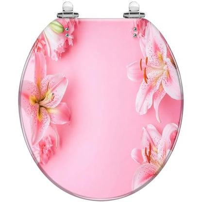 Round Toilet Seat Flowers composition Pink white flowers pastel pink Flat lay top view Resin Toilet Seat Slow Quiet Close with Quick-Release Hinges Toilet Seat with Cover Easy to Clean Install - color: Multi2, size: 16.5"x14.5"
